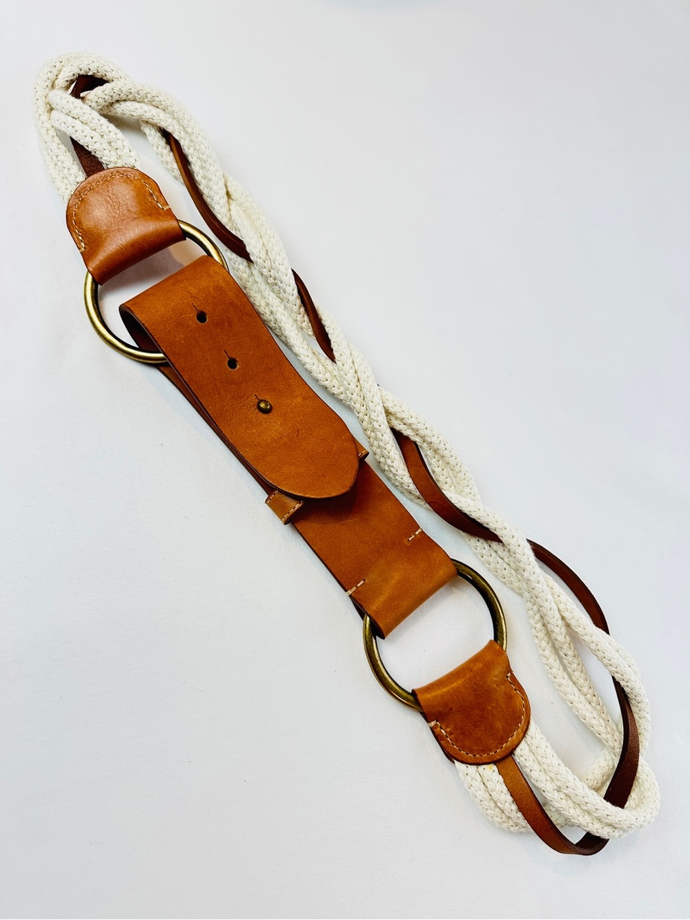 Lafayette 148 New York Braided Cream Rope and Caramel Leather Belt
